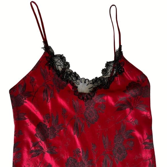 90's Red with Black Floral Print Lace Trimmed Maxi Slip Dress - Picture 3 of 6